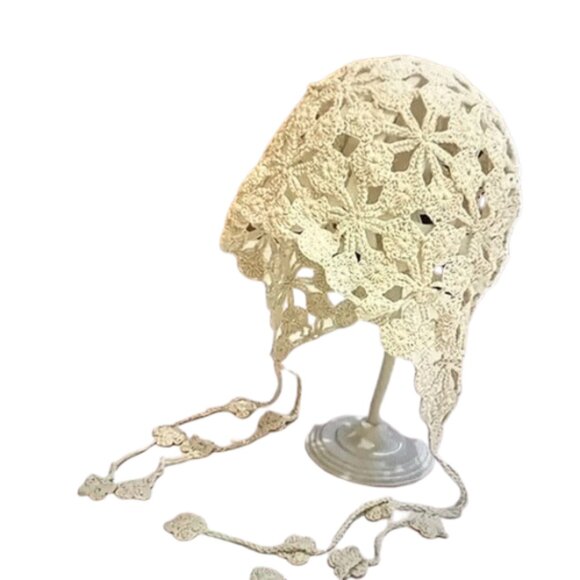 Elegant Bohemian Hand-Knitted Crochet Hat with Floral Pattern & Tassel Accents - Picture 1 of 6